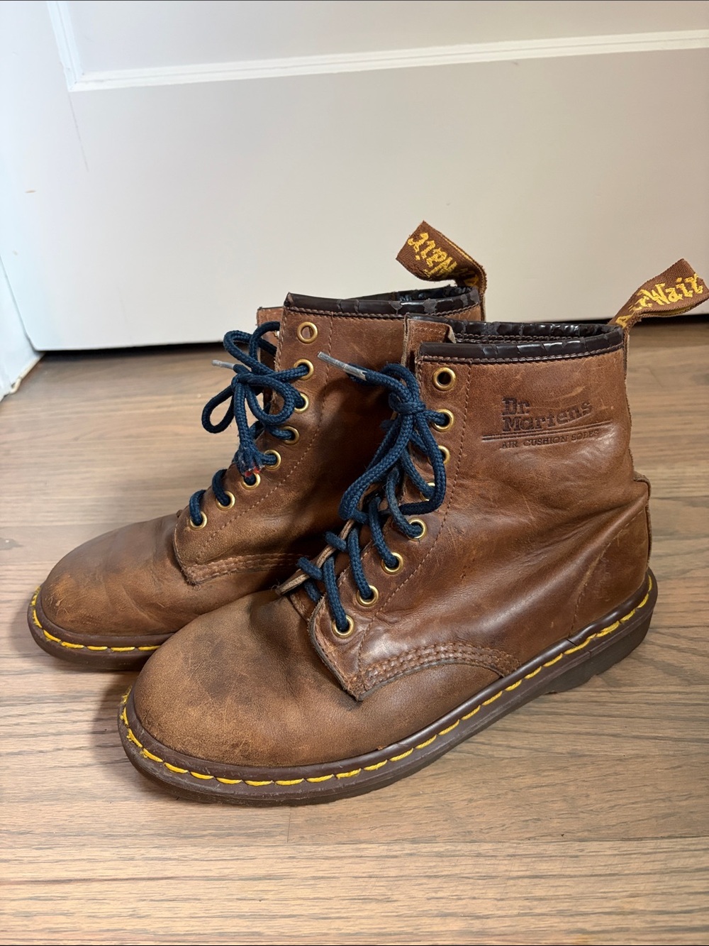 Dr. Martens Vintage Unisex Brown Leather Lace-Up Boots with Yellow Stitching